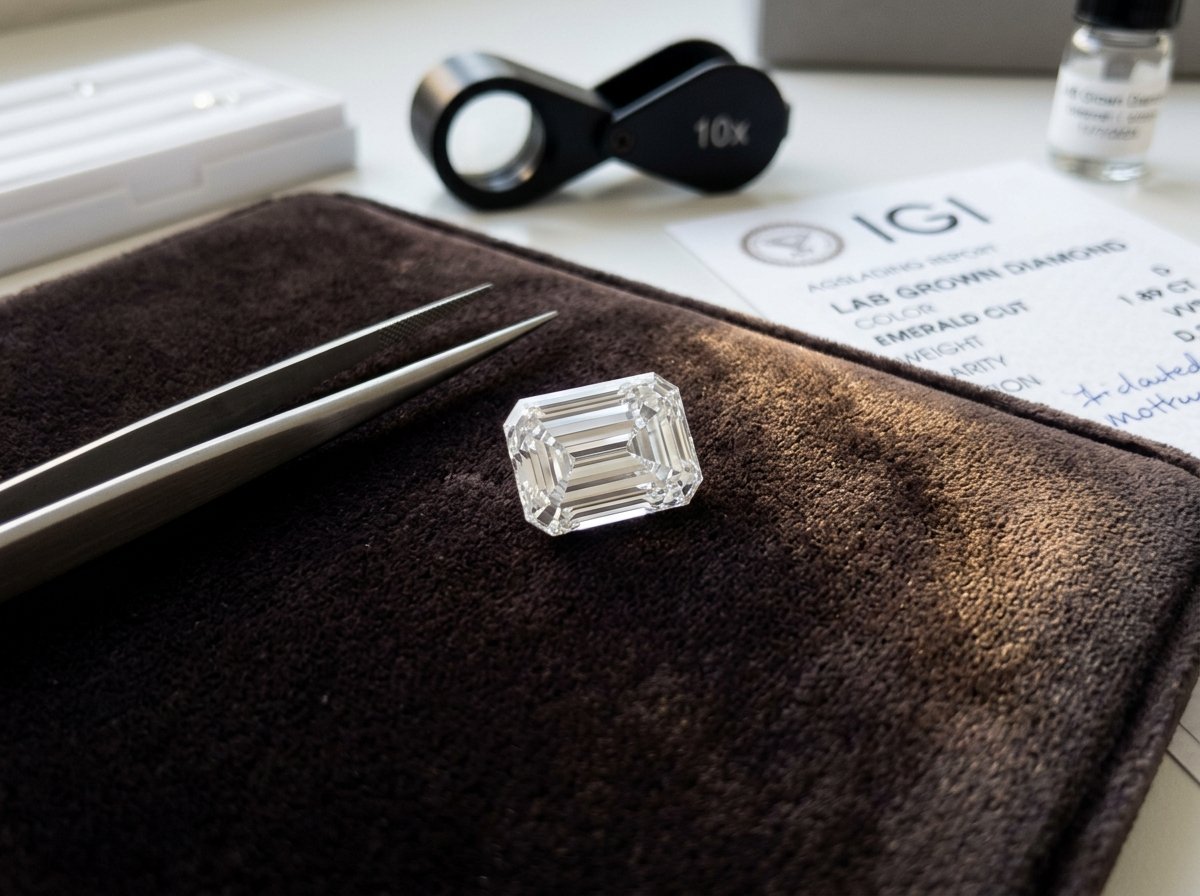 Loose emerald cut diamond with gemological loupe