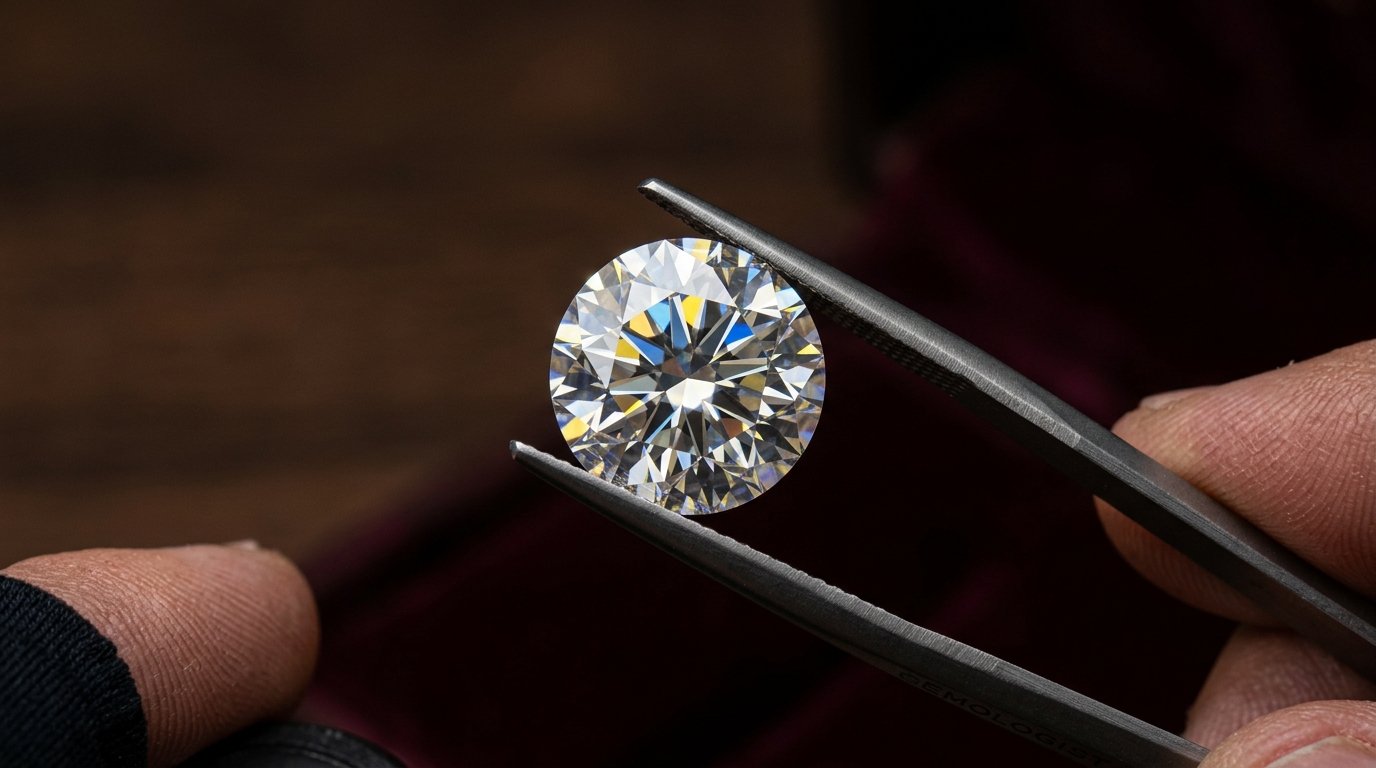 Loose Lab Grown Diamond held in gemological tweezers